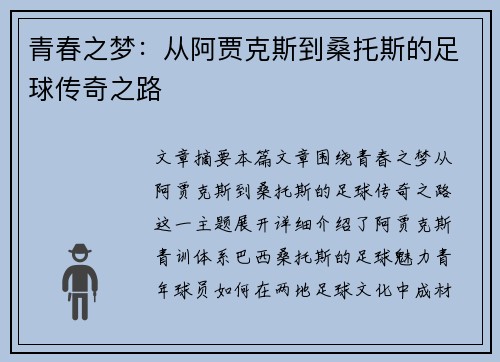 青春之梦：从阿贾克斯到桑托斯的足球传奇之路